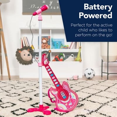 Best Choice Products 19in Kids Flash Guitar, Pretend Play Musical Instrument Toy for Toddlers w/ Mic, Stand - Pink - B1 - 1001