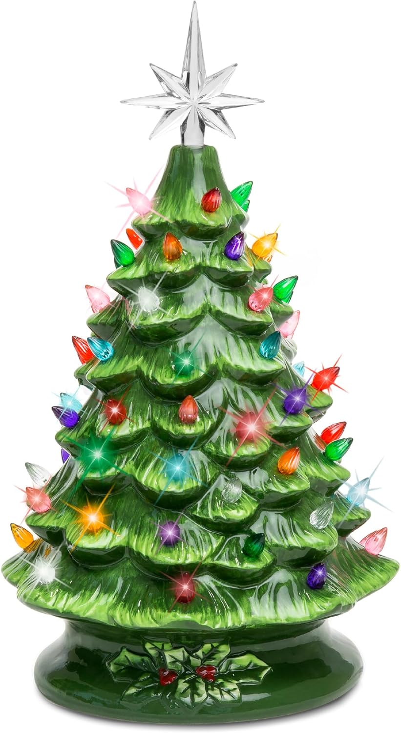 15in Ceramic Christmas Tree w/ Multicolor Lights — Green — H68