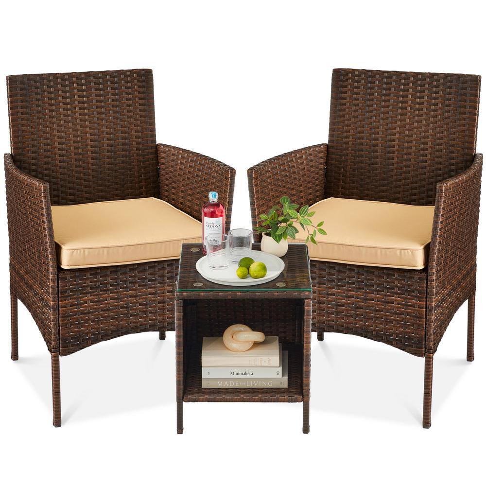 3-Piece Outdoor Wicker Conversation Patio Bistro Set, w/ 2-Chairs, Table, Cushions - Brown/Tan -H3-1972