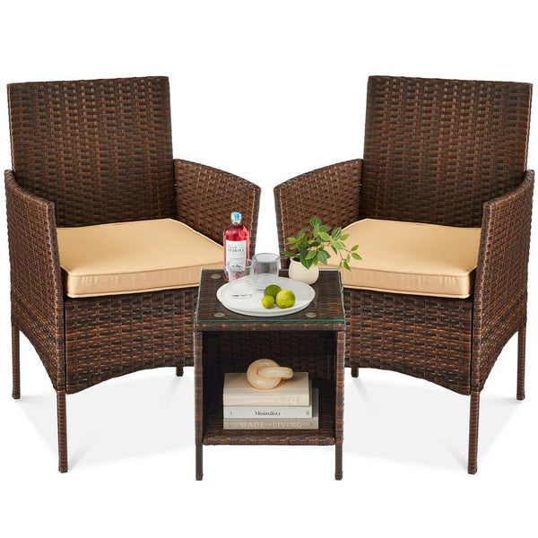 3-Piece Outdoor Wicker Conversation Patio Bistro Set, w/ 2-Chairs, Table, Cushions - Brown/Tan -H3-1972