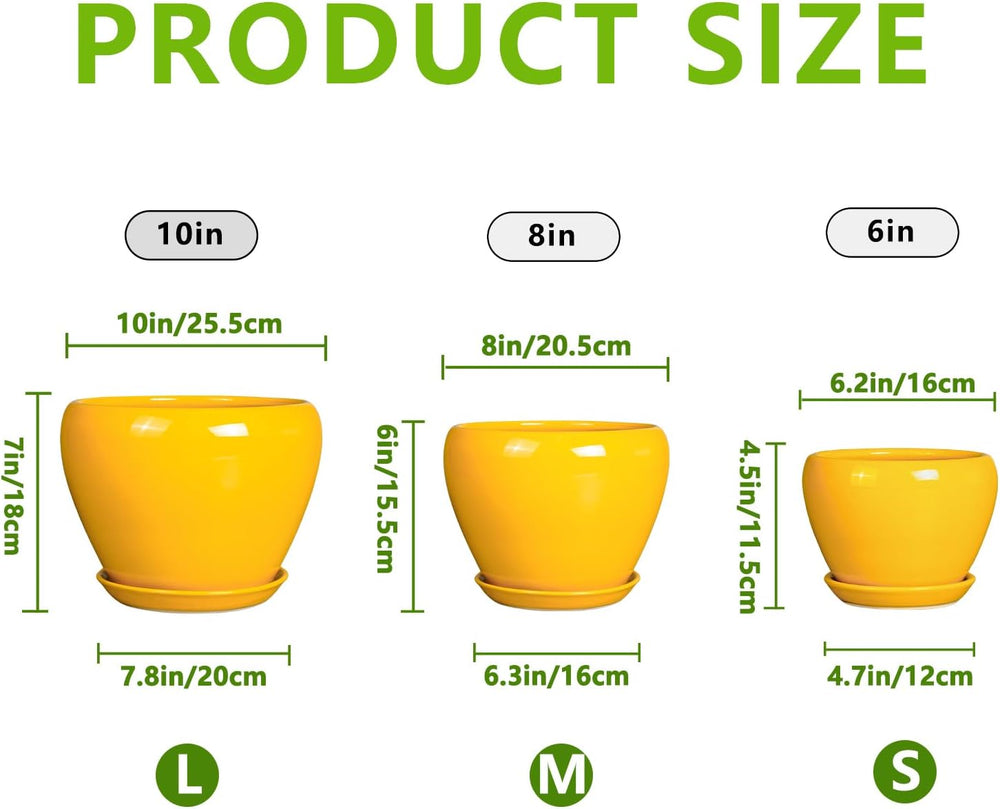 Ceramic Planters Set of 3 - Modern Round 10+8+6 Inch Plant Pots with Drainage Holes and Plant Trays for Indoor Outdoor Flowers, Decorative Garden Room Home Decor, Housewarming Gifts, Yellow 1827