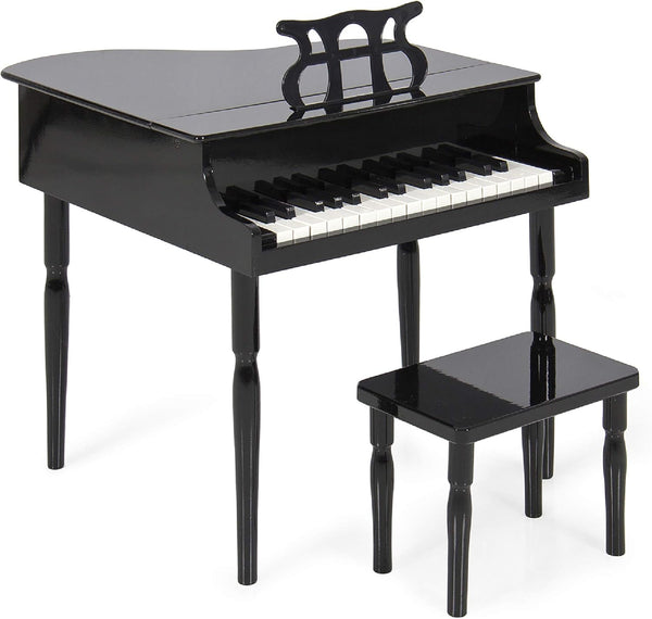 Best Choice Products Kids Classic Wooden 30-Key Mini Grand Piano Musical Instrument Toy w/ Piano Lid, Bench, Foldable Music Rack, Song Book, Note Stickers, Enamel Finish - Black - D10 - 719