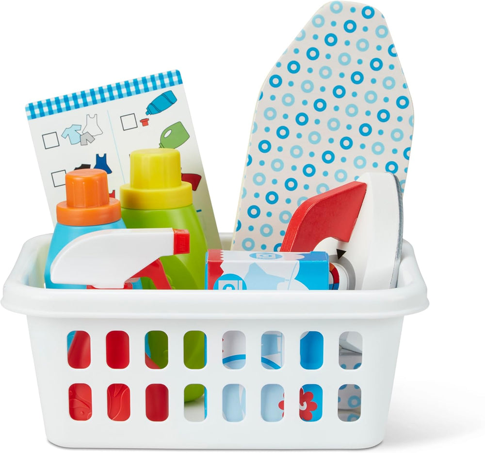 Melissa & Doug Laundry Basket Play Set with Wooden Iron, Ironing Board, and Accessories (14 Pcs) Pretend Play Laundry Set for Kids with Iron 1339