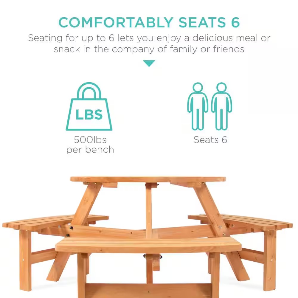 6-Person Natural Circular Wooden Picnic Table w/ Umbrella Hole, 3-Benches - H8 - 114
