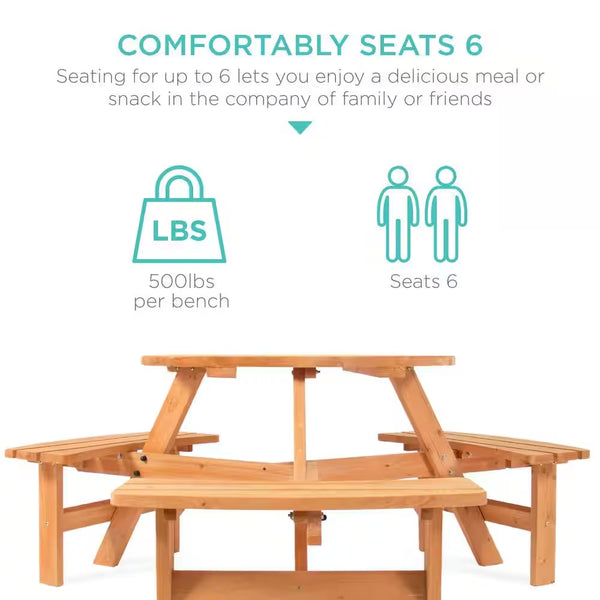 6-Person Natural Circular Wooden Picnic Table w/ Umbrella Hole, 3-Benches - H8 - 115