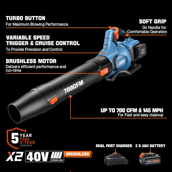 SENIX Leaf Blower Cordless, 40V Max Electric Leaf Blowers, Brushless, Handheld, Up to 700 CFM and 145 MPH, 2 Speed Mode, Cruise Control, Includes 2 x 4.0Ah Battery and Charger (BLAX2-M2) 1546