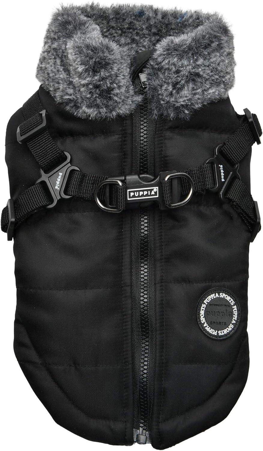 Puppia Donavan Winter Dog Coat with Integrated Harness No Pull Cold Weather Waterproof Warm Fleece Back Zipper, Black, Large - L14 - 624