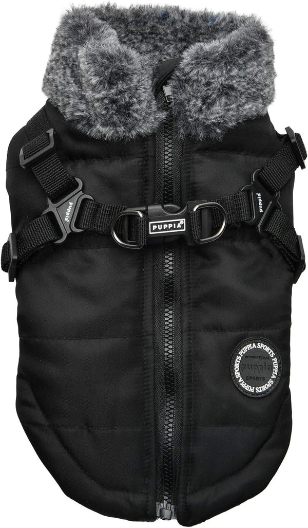 Puppia Donavan Winter Dog Coat with Integrated Harness No Pull Cold Weather Waterproof Warm Fleece Back Zipper, Black, Large - L14 - 624
