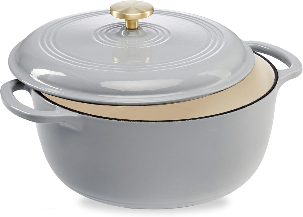 6 Quart Enamel Cast-Iron Round Dutch Oven, Family Style Heavy-Duty Pre-Seasoned Cookware for Home, Kitchen, Dining Room, Oven Safe w/Lid, Dual Handles - Light Gray - K26