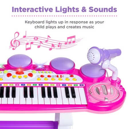 Best Choice Products 37-Key Kids Electronic Piano Keyboard w/ Multiple Sounds, Lights Microphone, Stool - Pink -J7-1592