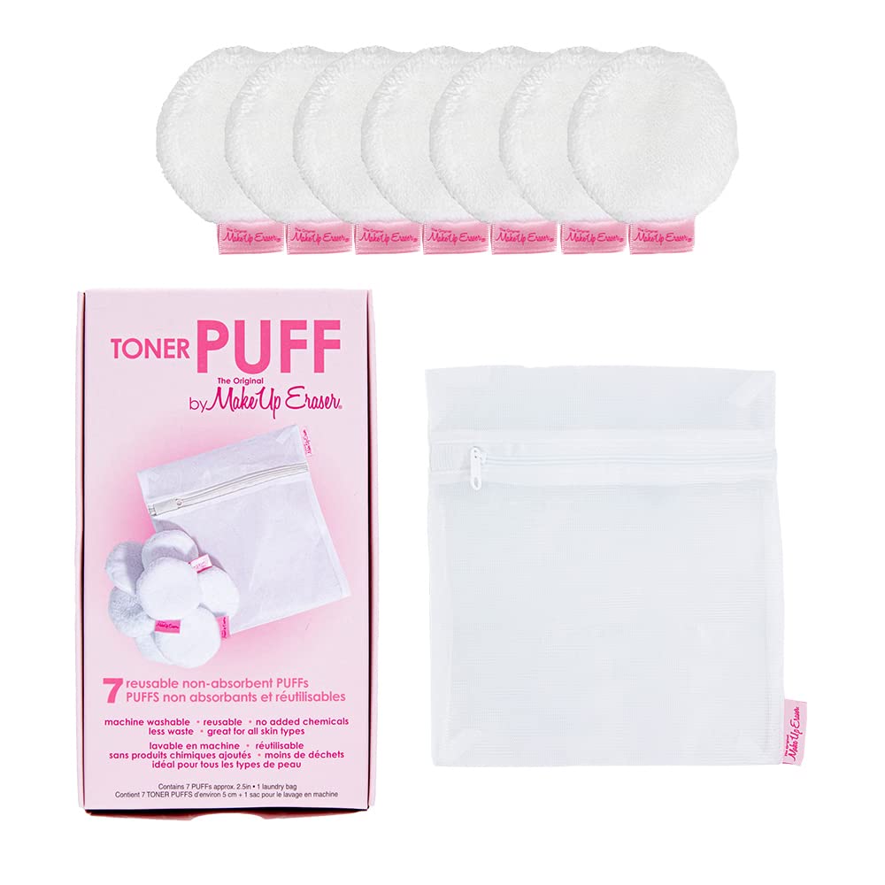 MakeUp Eraser Toner Puff 7pc Set, Reusable and Machine Washable Rounds, Laundry Bag Included -B7-0377 -B7-0378 - F2-0664 -B7-1188 -B7-1189 -B7-1190