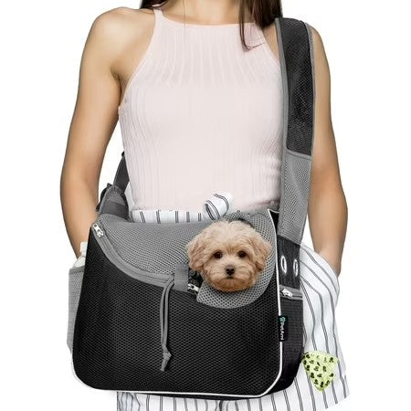 PetAmi Small Dog Sling Carrier, Soft-Sided Crossbody Puppy Carrying Purse Bag, Adjustable Sling Pet Pouch to Wear Medium Dog Cat Travel, Dog Bag for Traveling, Breathable, Poop Bag Dispenser, Black -K9-1640