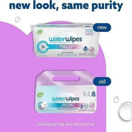 WaterWipes Adult Care, 99.9% Water Based Sensitive Wipes, 3 Resealable Packs (90 Wipes) 1458