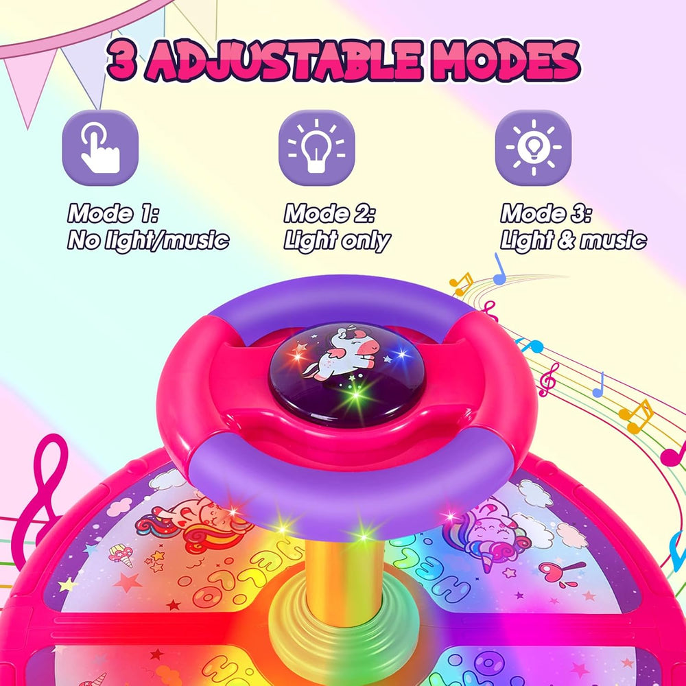 Unicorn Sit and Spin, GODELAIF Sit and Spin Toy 360  Spinning Stool Seat Sensory Toys Christmas Birthday Gift with Music & LED Lights for Kids Toddlers Girls Boys 2, 3, 4, 5, 6 Years Old 1335