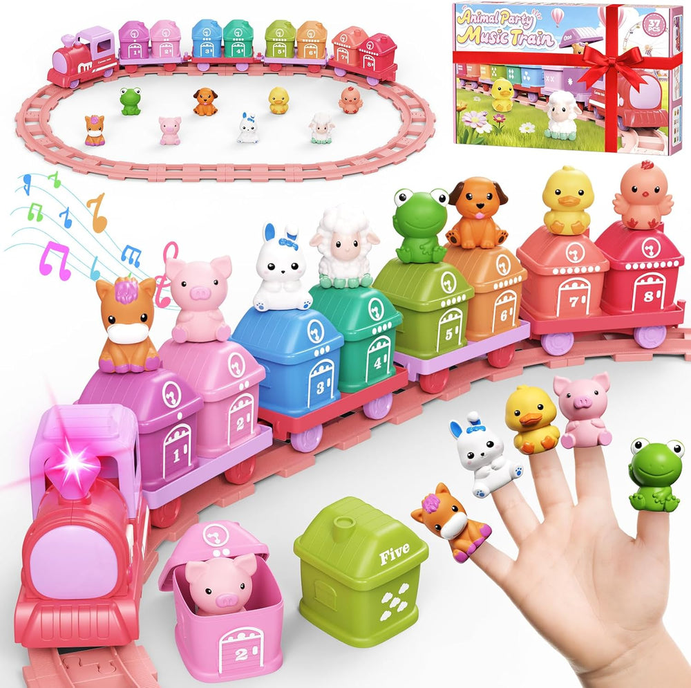 Learning Toys for Toddlers 1 2 3 Year Old,Electric Farm Train Set for Girls 2-4,Counting Matching & Sorting Montessori Train Toy with Farm Animals, Music, Light, Christmas Birthday Gift Baby (Pink) 1386