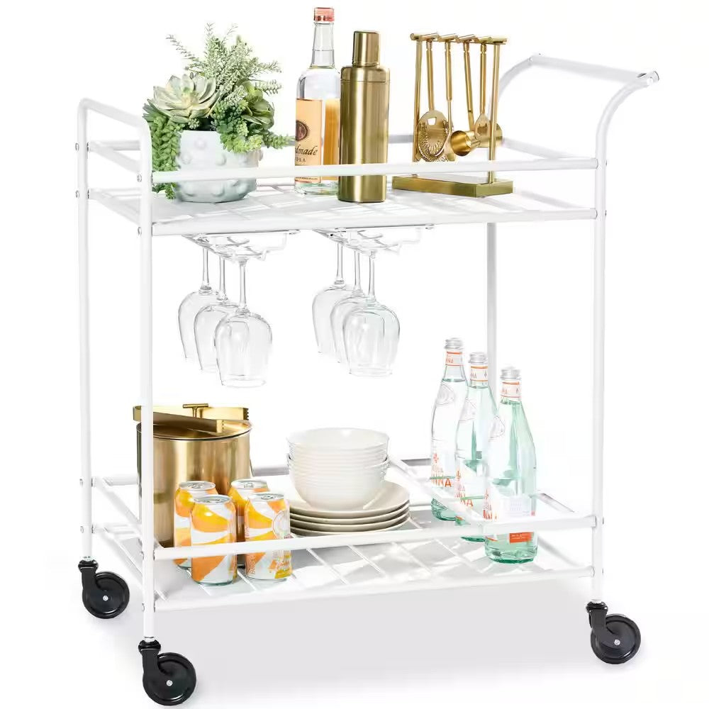 2-Tier White Outdoor/Indoor Metal Bar Serving Cart with Storage Shelves and Lockable Wheels - L103