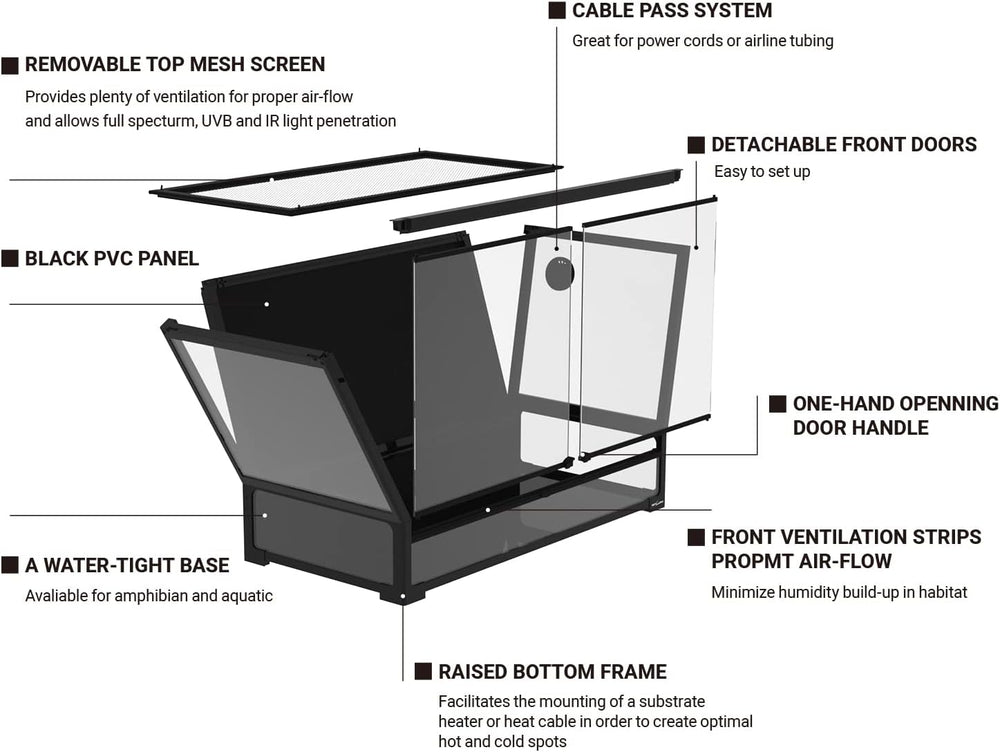 REPTI ZOO Collapsible 120 Gallon Reptile Tank, Tempered Glass Large Reptile Terrarium 48"x24"x24", Black PVC Back, Front & Top Ventilation & Anti Escape Lid, Easy Folding - H10 - 222