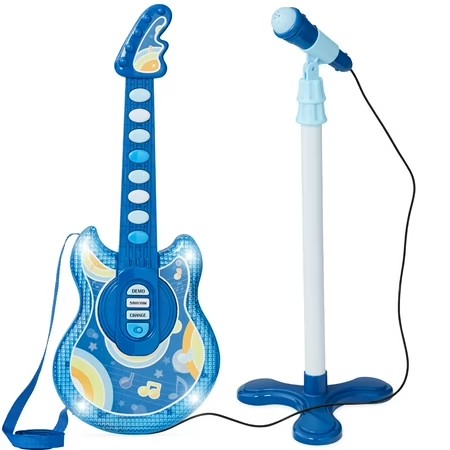 Best Choice Products 19in Kids Flash Guitar, Pretend Play Musical Instrument Toy for Toddlers w/ Mic, Stand - Navy -J4-0409