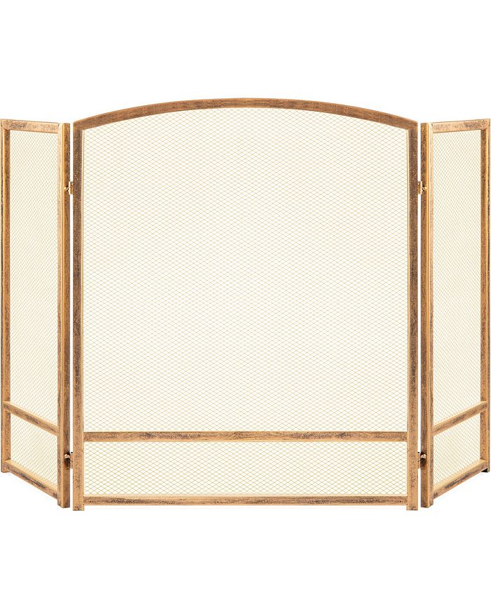 47.5x27.25in 3-Panel Steel Mesh Fireplace Screen, Spark Guard w/ Rustic Worn Finish - Gold - NO SIZE - 280