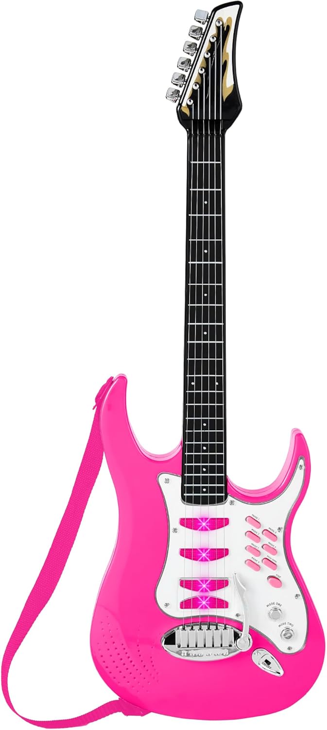 Best Choice Products Toy Kids Guitar Play Set Bundle, Pretend Play Toddler Electric Guitar Kit with Interactive Microphone, Amp, Whammy Bar, 6 Demo Songs and 2 Sticker Sheets - Pink - A7 - 1457