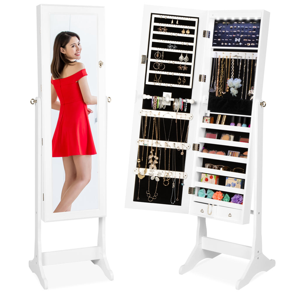 6-Tier Standing Jewelry Mirror Armoire W/ LED Lights - White - 1569