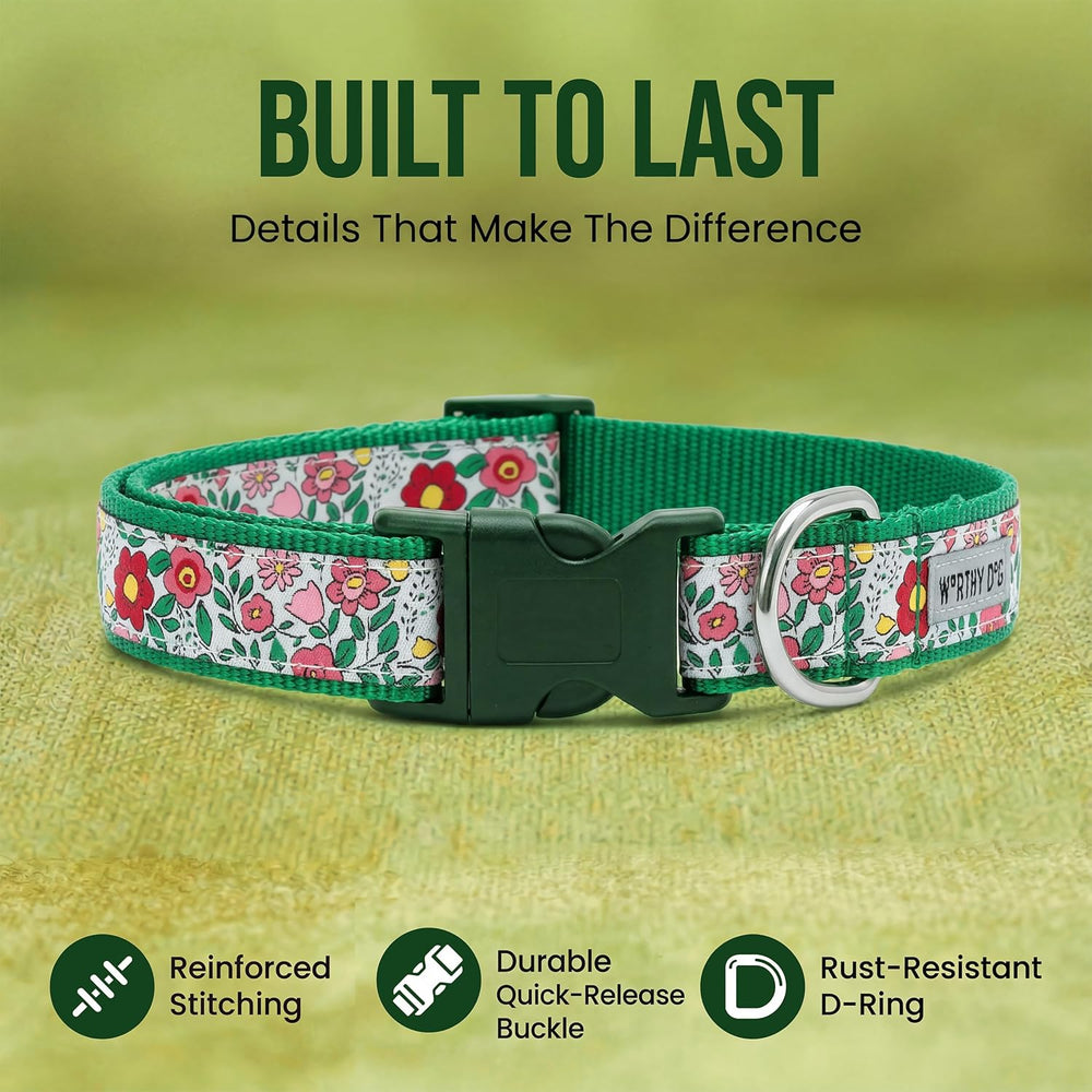 THE WORTHY DOG Adjustable Dog Collar for Medium Dogs, Durable Nylon Webbing, Quick Release Buckle, Spring Garden Floral Pattern, Coral, Medium -F6 - 1811