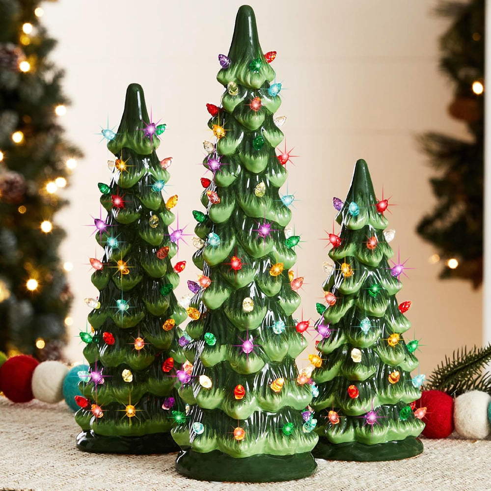 Set of 3 Ceramic Christmas Trees, Pre-Lit Hand-Painted Tabletop Holiday Decoration w/Multicolor Bulbs, LED Lights Green - K52