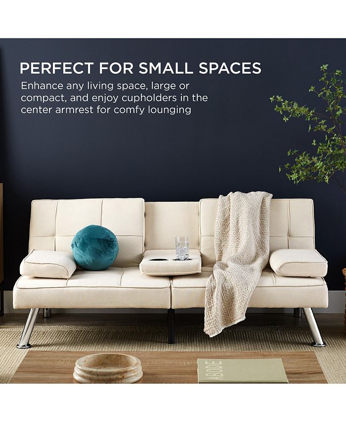Best Choice Products Modern Linen Convertible Futon Sofa Bed w/ Removable Armrests, Metal Legs, Cupholders - Ivory/Cream -M6-1582