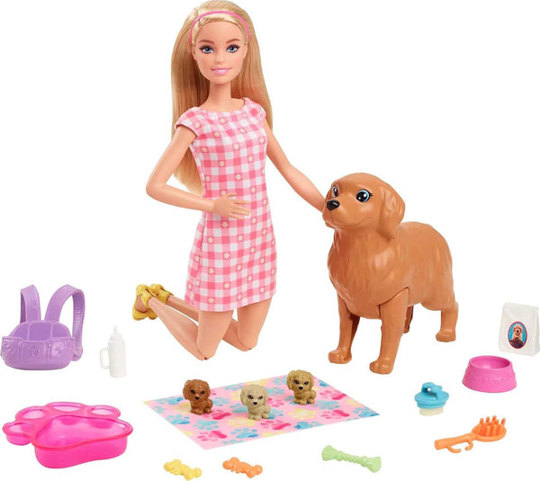 Barbie Doll & Pets Set, Blonde with Mommy Dog, 3 Newborn Puppies with Color-Change Feature & Pet Accessories 1353