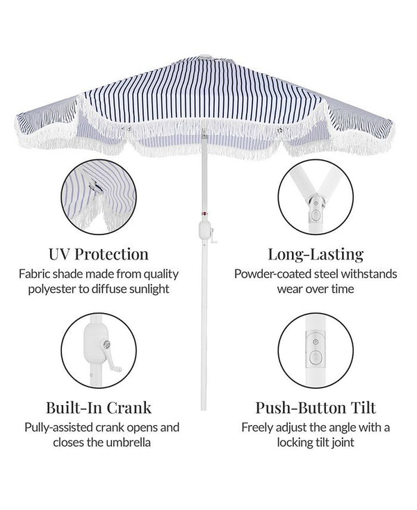 Best Choice Products 9ft Fringe Market Umbrella   Boho Patio Sunshade w/ Tilt, UPF50+, Steel Pole for Table, Pool, Deck - Blue - E7 - 1036