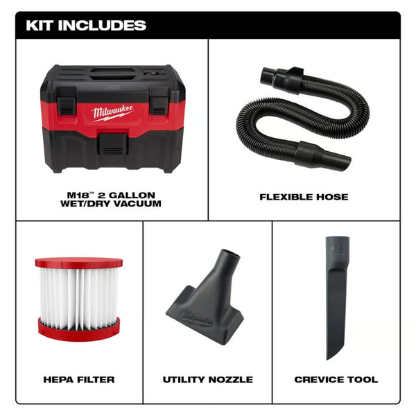 Milwaukee M18 0880-20 2 gal Cordless Shop Vacuum Tool Only 18 V 1858