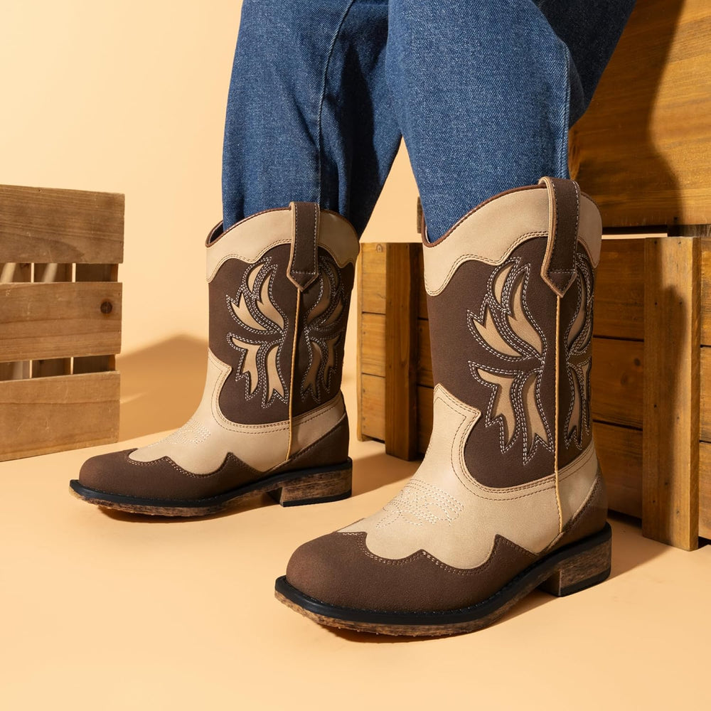 DREAM PAIRS Toddler Cowboy Boots Cowgirl Boots for Girls Square Toe Mid Calf Boys Western Fashion Riding Shoes for Toddler/Little Kid/Big Kid US size 1