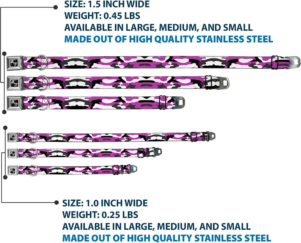 Buckle-Down Pet Collar, Dog Collar Metal Seatbelt Buckle, Camo Purple Black Gray White, 18 - 32 Inches 1.5 Inch Wide - L13 - 599