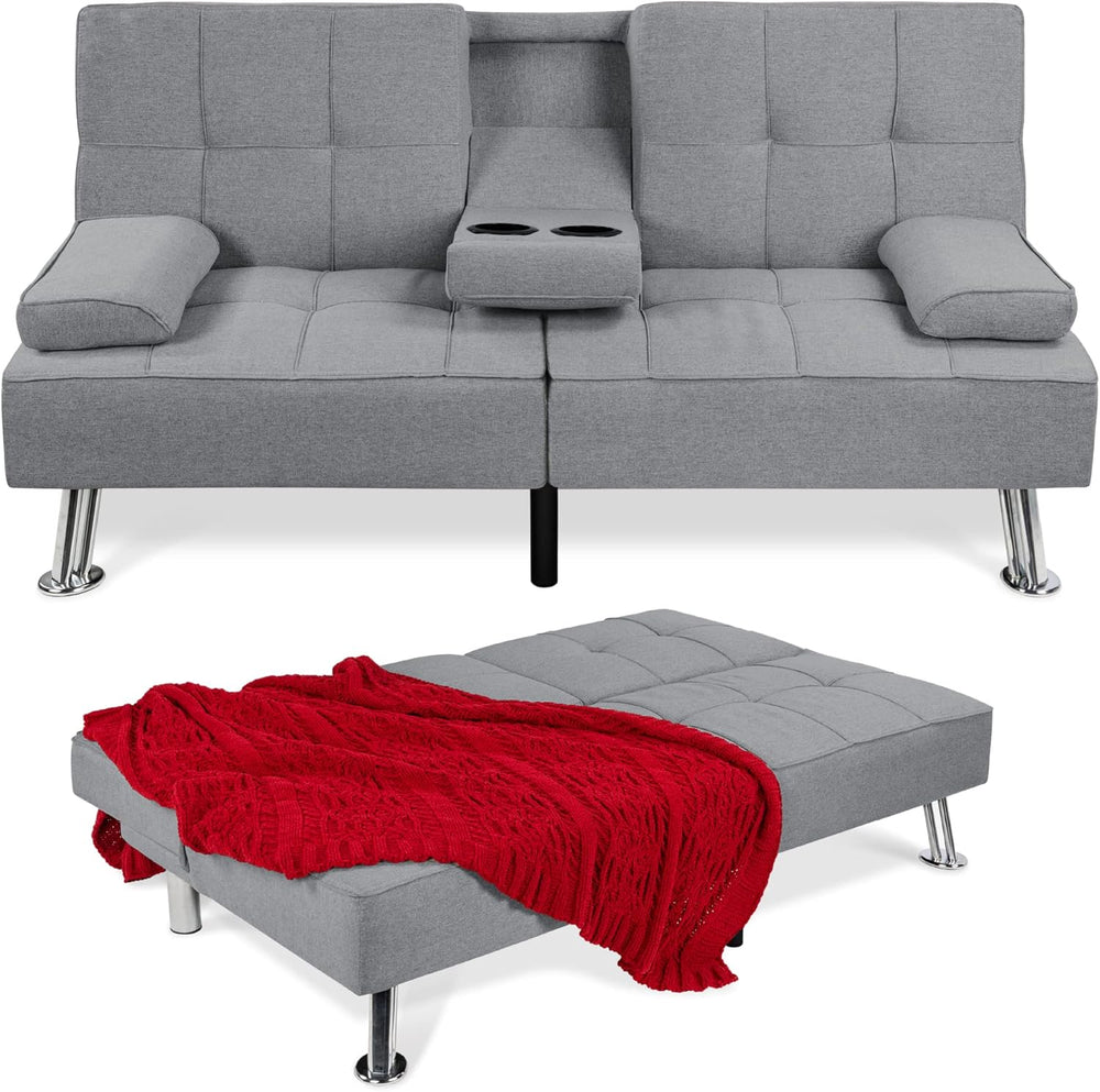 Linen Modern Folding Futon, Reclining Sofa Bed for Apartment, Dorm w/Removable Armrests, 2 Cupholders - Gray 730