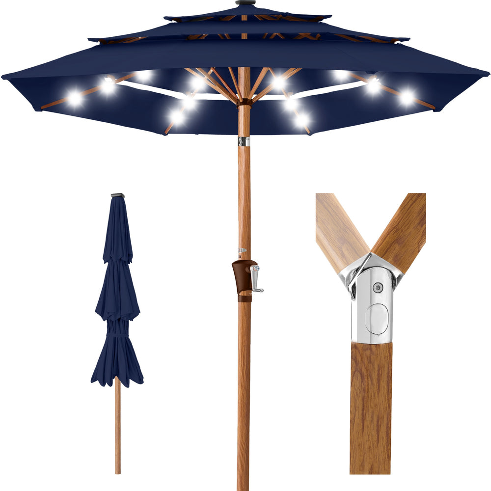 Woodgrain Pattern 10ft 3-Tier Solar Patio Umbrella W/ 24 LED Lights, Tilt 313