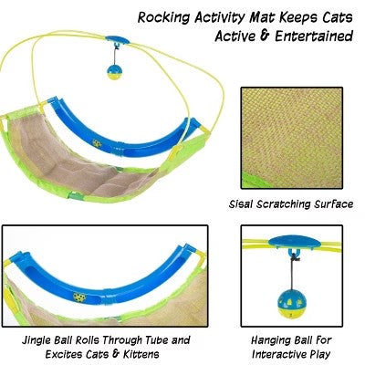 Interactive Cat Toy Rocking Activity Mat- Swing Playing Station with Sisal Scratching Area, Hanging Toy, Rolling Ball for Cats and Kittens by PETMAKER - K12 - 627