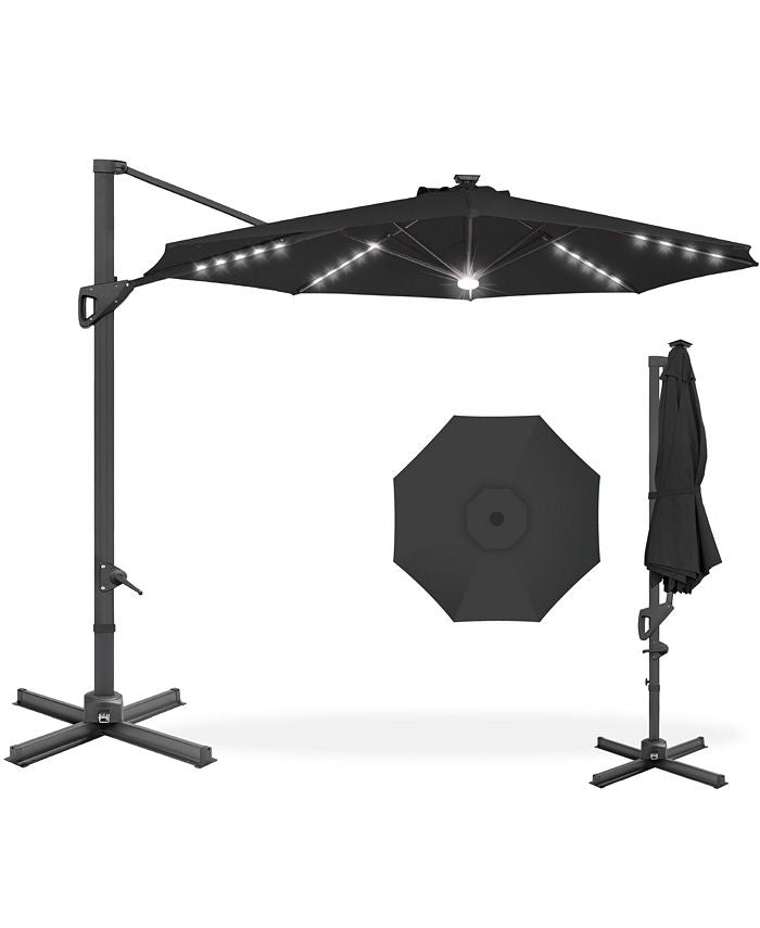 10ft 360-Degree Solar LED Lit Cantilever Patio Umbrella, Outdoor Hanging Shade - Black 705