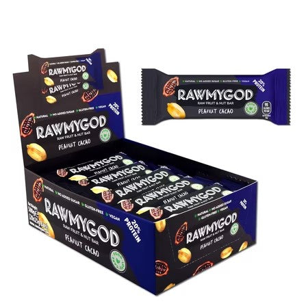 RAWMYGOD Raw Fruit & Nut Bar, Peanut & Cacao, Gluten Free, Vegan, No Added Sugar, 20 pack, 98 Calories per Bar