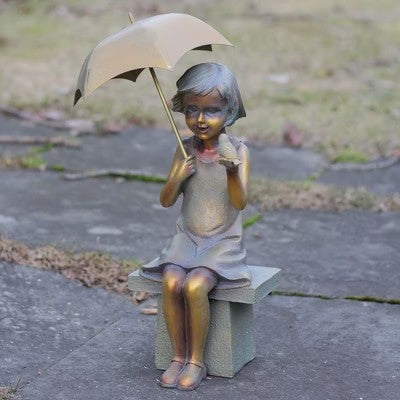 Roman 17.5" Girl Sitting with Umbrella and Bird Outdoor Patio Garden Statue - Gold/Bronze - E11 - 240