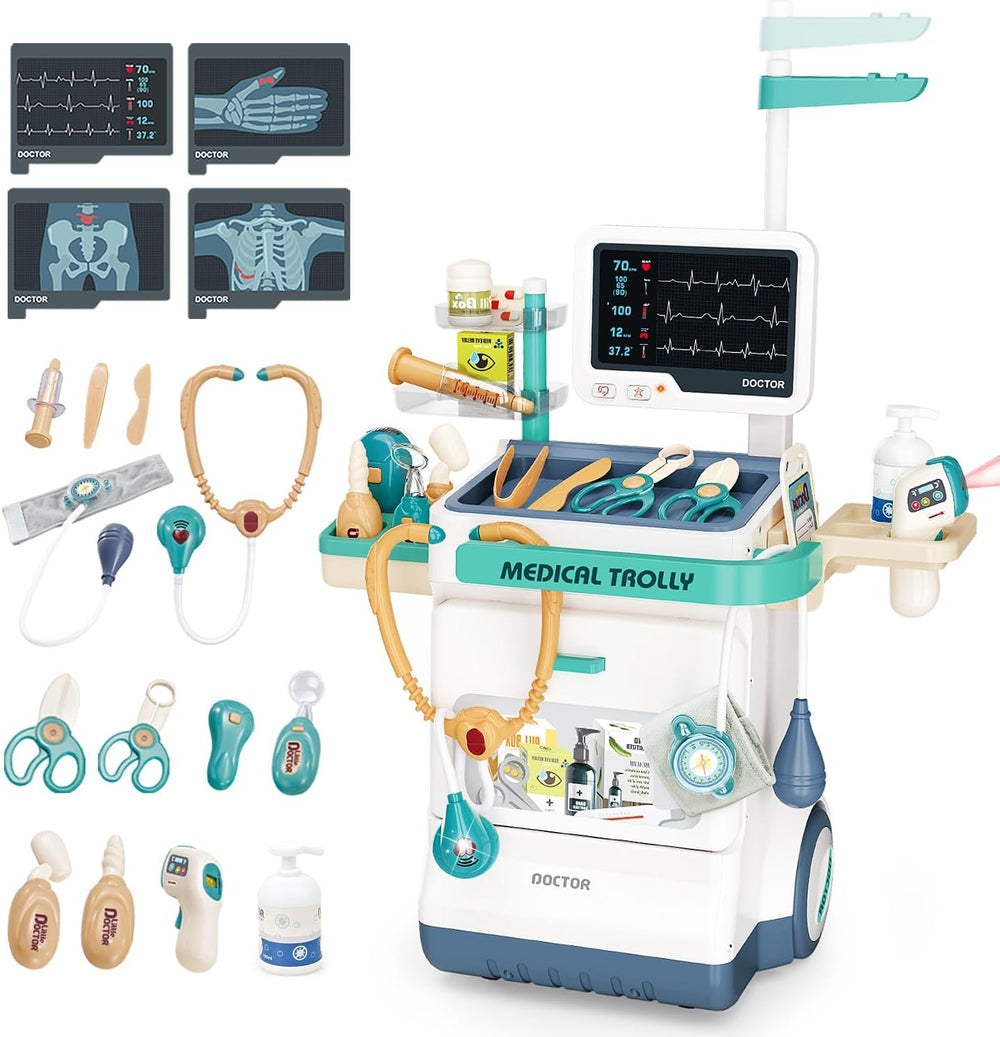 Doctor Kit for Kids 26 Accessories Pretend Medical Station Set for Boys & Girls Mobile Cart with Stethoscope and Medical Toy Accessories for Ages 3 and Up Children Role Play Educational Toys - J10
