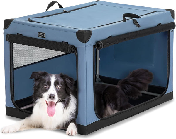 PETSFIT 36" Soft Portable Dog Crate   Patented Spiral Sturdy Frame, Collapsible Travel Kennel for Medium & Large Dogs, 3 Mesh Door, Lockable Zippers, Indoor & Car Use Blue - J3 - 1981