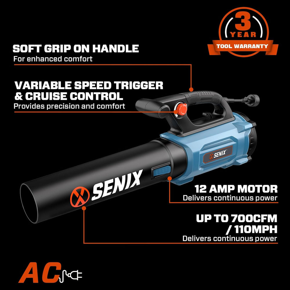 SENIX 12 AMP Handheld Electric Leaf Blower, Up to 700 CFM and 110 MPH, Variable Speed, Lightweight, 120v (BLAE12-M) 1844
