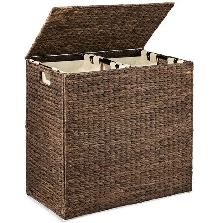 Large Natural Water Hyacinth Double Laundry Hamper Basket w/ 2 Liner Bags, Handles - Espresso 1707