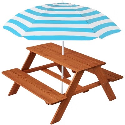 Best Choice Products Kids Wooden Picnic Table, Outdoor Activity Table w/ Adjustable Umbrella, Seats - Golden Brown/Aqua - G7 - 103