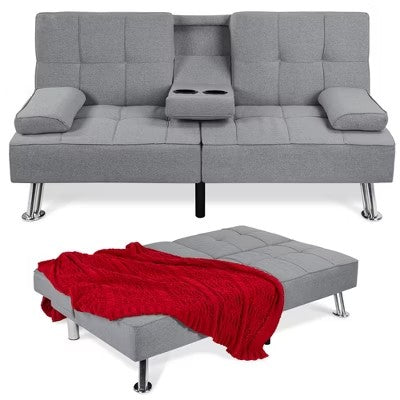 Best Choice Products Modern Linen Convertible Futon Sofa Bed w/ Removable Armrests, Metal Legs, Cupholders - Gray - H7 - 113