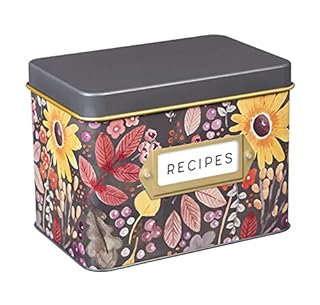 Evergreen Recipe Tin w/ Recipe Cards and Ceramic Cup Give Thanks Flowers 4.68 x 3.2 x 3.76 inches - G9 - 1720
