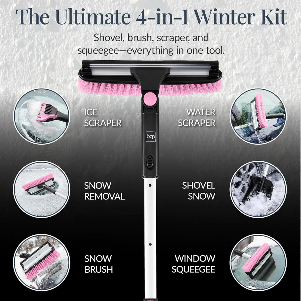 Best Choice Products 4 in 1 Snow Brush with Shovel, Squeegee & Ice Scraper, Up to 39" Extendable Foam Grip, 270  Pivoting Snow Brush for Car Truck SUV, Storage Bag Included - Pink - K5 - 438