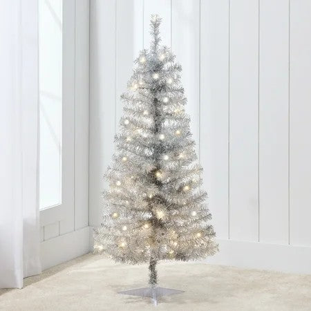 4ft Prelit Colored Christmas Tree, Artificial Tree Holiday Decor w/ LED Lights - Silver Tinsel M43