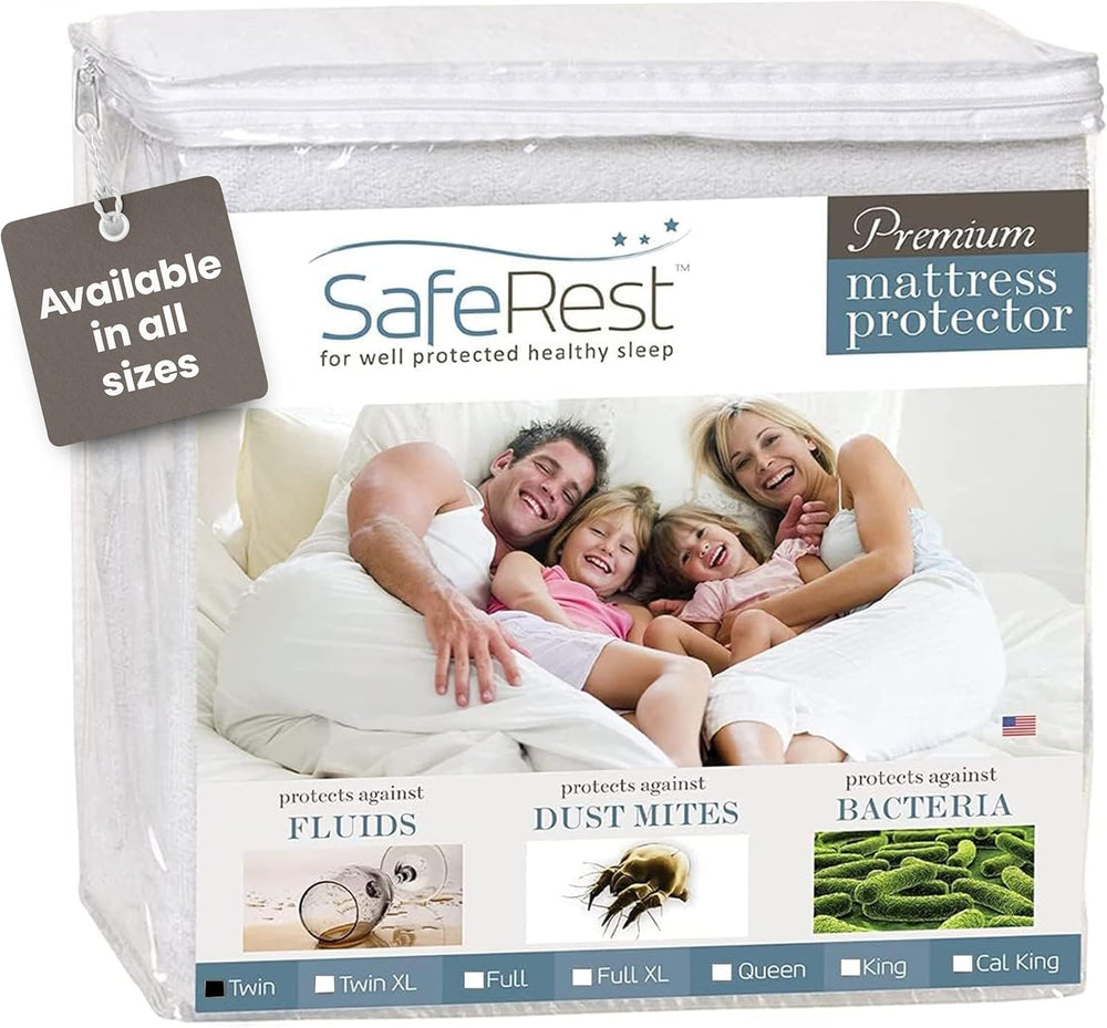 SafeRest Waterproof Twin Size Mattress Protector - Fitted with Stretchable Pockets - Machine Washable Cotton Mattress Cover for Bed 1370