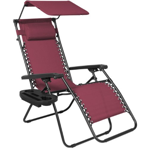 Folding Zero Gravity Recliner Patio Lounge Chair W/ Canopy Shade Headrest Tray - Burgundy 749